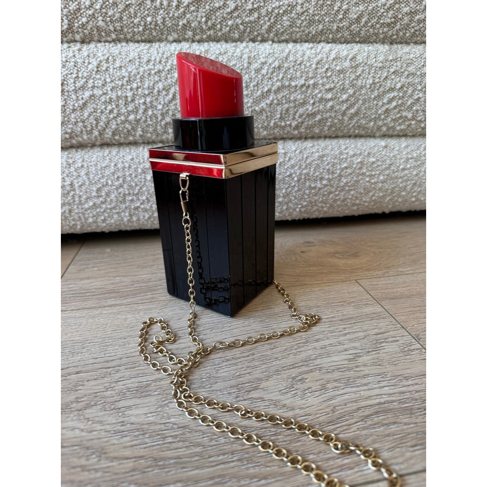 Novelty Red Lipstick Tube Acrylic Box Clutch Crossbody Bag Black Gold Chain